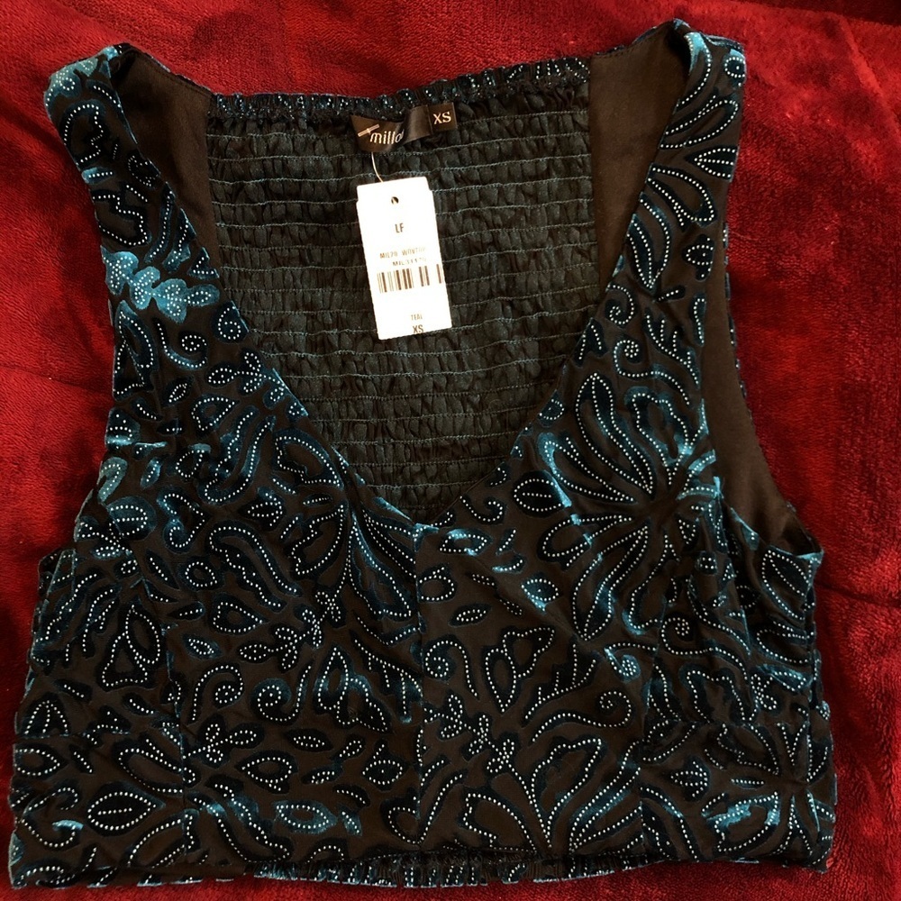 NWT LF Velvet Embroidered Crop Top Smocked Back